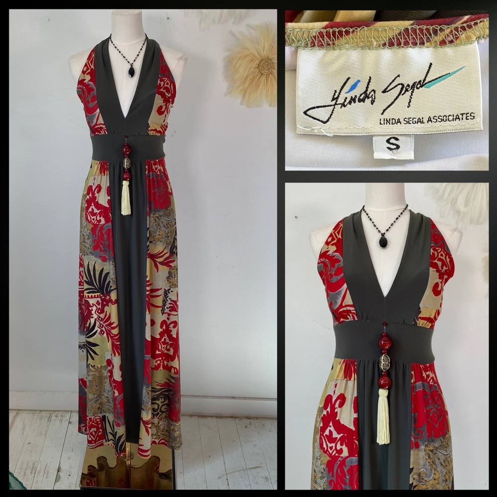 Vtg Linda Segal Womens Y2K Halter Maxi Dress Size S Asian Print Babydoll Tassel